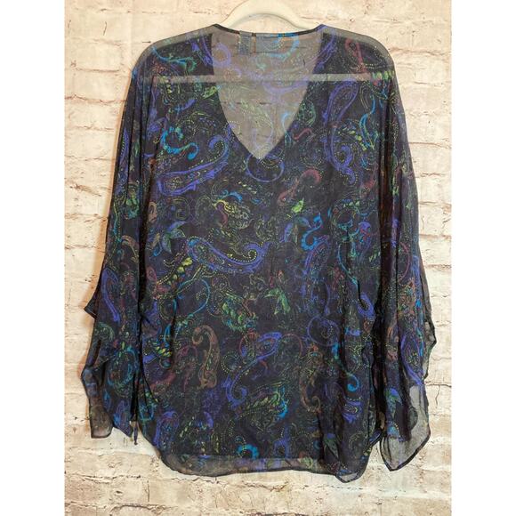 Chico's Silk Kimono Top Womens Large Paisley Beaded Dark Romantic Sheer - Picture 10 of 12